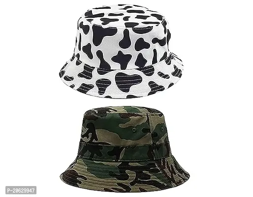ILLARION CLASSYMESSI Combo Pack of 2 Bucket Hat White Shade Black Bucket Hats for Men and Women Cotton Hats for Girls Wide Brim Floppy Summer (HAT(Army, Cow))
