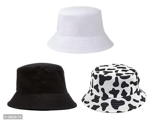 ILLARION CLASSYMESSI Combo Pack of 2 Bucket Hat White Shade Black Bucket Hats for Men and Women Cotton Hats for Girls Wide Brim Floppy Summer (HAT(White, Black, Cow))