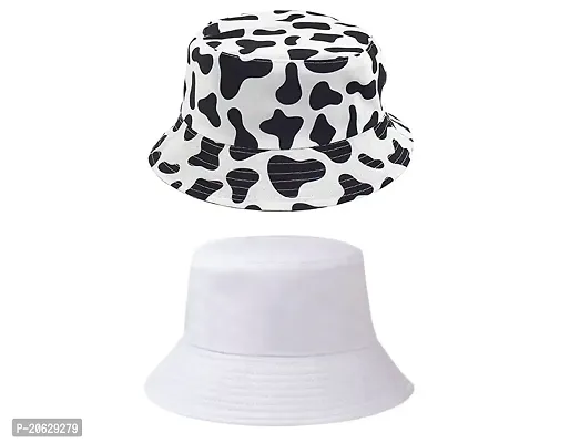 ILLARION CLASSYMESSI Combo Pack of 2 Bucket Hat White Shade Black Bucket Hats for Men and Women Cotton Hats for Girls Wide Brim Floppy Summer (HAT(Cow, White))