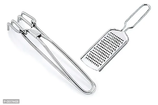 Combo Of Stainless Steel Pakad Gripper Tong With Stainless Steel Cheese Ginger Grater-thumb0