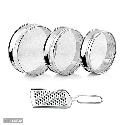 Canberry Combo Stainless Steel 3 Pieces Atta Flour Strainer Channi (Small, Medium and Large) with Stainless Steel Cheese Grater
