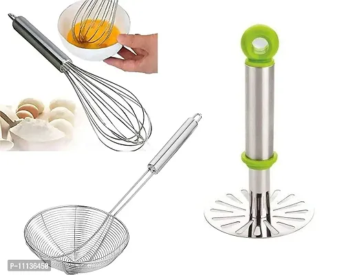 Canberry Kitchen Tools Combo Stainless Steel Potato Pav Bhaji Masher with Egg Whisker Beater and Deep Fry Puri Strainer/Jhara Set (Silver)