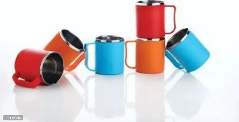 Stainless Steel six pcs Set Stylish Coffee Mug Tea Cup Milk Mug Double Wall Plastic and Steel Mug Multi Color red Blue and Orange Set of 6 pcs