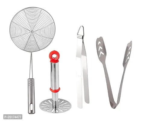 Canberry Kitchen Combo Of Stainless Steel Deep Fry Strainer, Steel Pav Bhaji Masher And Stainless Steel Roti Chimta Tong And Momo Tong