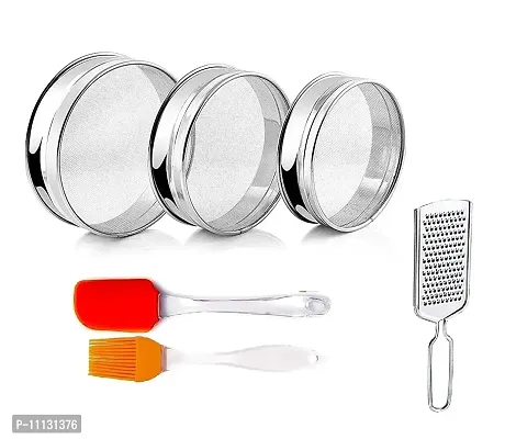 Canberry Combo Stainless Steel 3 Pieces Atta Chalni Flour Strainer Channi with Mini Silicone Spatula Brush Set  Steel Cheese Grater-thumb0