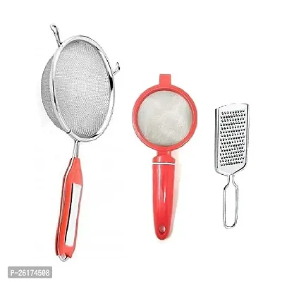 Combo Of Stainless Steel Juice And Soup Strainer With Stainless Steel Cheese Grater And Plastic Tea Strainer-thumb0