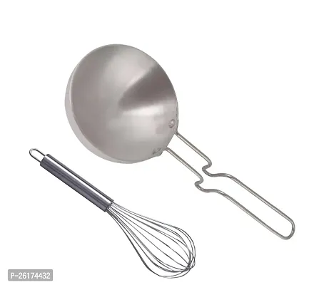 Combo Of Aluminium Tadka Pan - Vaghar Pan And Steel Whisk Pack Of 2-thumb0