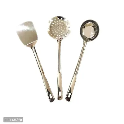 Canberry Combo Stainless Steel Spatula (Pack of 3- Puri Strainer + Spatula + Deep Ladle)-thumb0