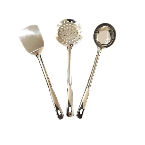 Canberry Combo Stainless Steel Spatula (Pack of 3- Puri Strainer + Spatula + Deep Ladle)