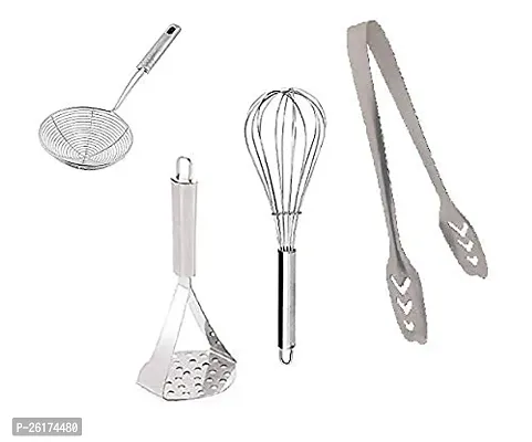 Canberry Combo Of Stainless Steel Potato Masher, Egg Whisker, Deep Fry Strainer And Momo Tong Set Of 4Pcs-thumb0