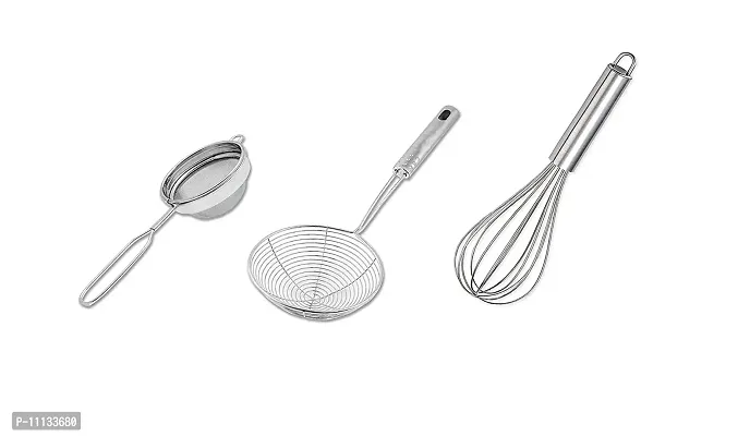 Canberry Stainless Steel Kitchen Cooking Tools - Pack of 3 - Egg Beater, Deep Fry Puri Strainer, Tea Strainer-thumb0