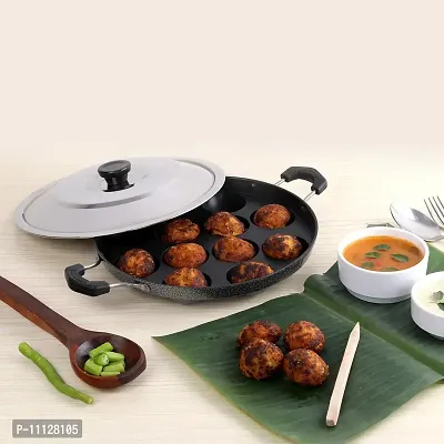 CB-Non-Stick 12 Cavities Appam Patra with Steel Lid,BlackPaniyarrakal,Paniyaram,Appam Pan,Maker,Pan Cake Maker.Pack of 1-thumb4