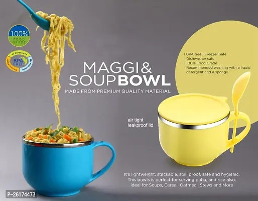 Plastic Insulated Steel Multipurpose Bowl Maggi And Soup Ball, Chicken Soup Ball With Lid  Spoon Pack Of 2