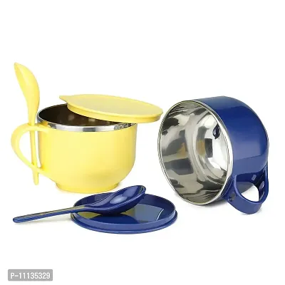 Plastic Insulated Steel Multipurpose Bowl Maggi and Soup Ball, Chicken Soup Ball with Lid & Spoon Pack of 2