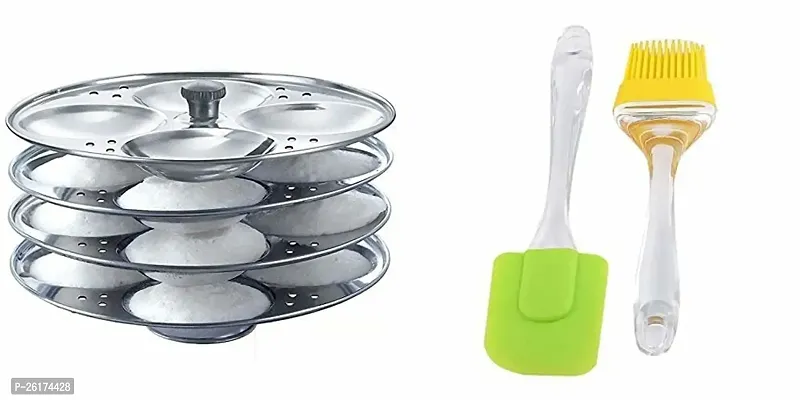 Combo Of Stainless Steel 4 Plate Idli Maker Stand (16 Slot) With Silicone Spetula  Oil Brush Set