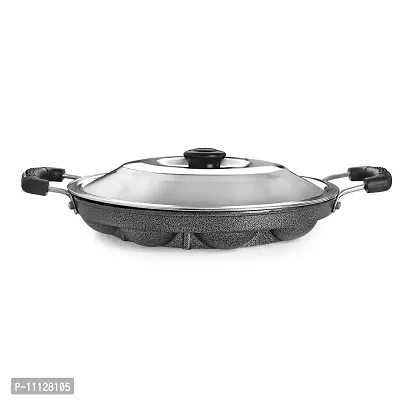 CB-Non-Stick 12 Cavities Appam Patra with Steel Lid,BlackPaniyarrakal,Paniyaram,Appam Pan,Maker,Pan Cake Maker.Pack of 1-thumb0