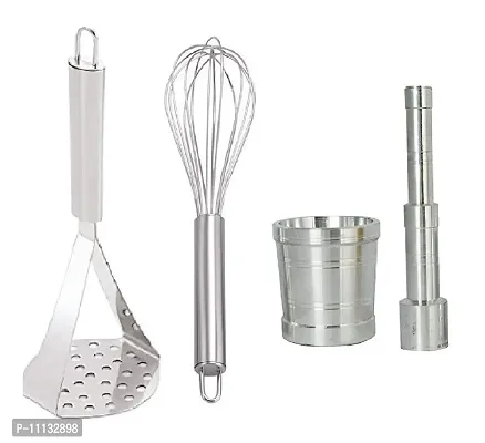 Canberry Combo Set of 3 Stainless Steel Kitchen Potato Vegetables Pav Bhaji Masher, Egg Beater Whisk  Aluinium Mini 0 Size Khal Batta-thumb0