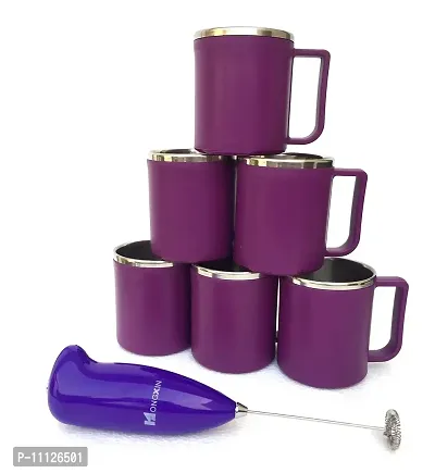 CB Apex Set of Mug  Coffee Beater Steel Insulated  Plastic Stylish Coffee and Milk Mug 200ml Color : Purple+1 Beater