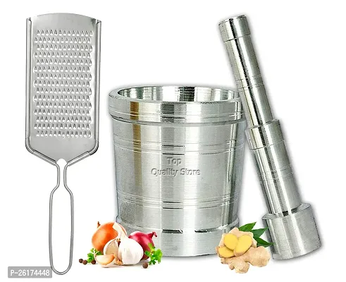 Masher Mortar Okhli Musal And Pestle Set Steel Cheese Ginger Grater Carrot Coconut-thumb0