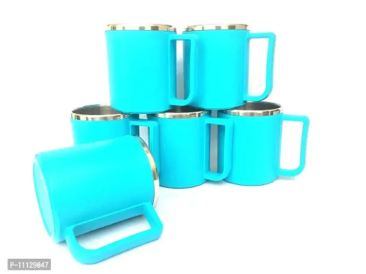 Canberry Jony/ Apex Style of Double Wall Plastic Steel Milk-Tea-Coffee Mug for Hoe  Kitchen/Outdoor /Office Color :(Blue) Set of 6 Pcs