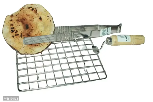 Canberry Papad Jali With Steel Tong Stainless Steel Wire Roaster With Wooden Handle Roti Chapati Grill Square 1 Pc + Steel Tong 1 Pc-thumb2