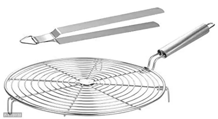 Canberry Combo Set Wire Round Handle Roaster with Chimta Steel Cooking Tong Roti Chapati, Papad Jali, Paneer Grill, Roti Maker, Barbeque Jali Roaster Kitchen Tool-thumb0