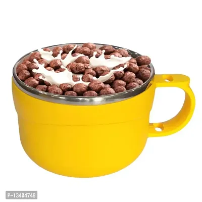 Plastic Steel Insulated Choco Pasta Soup Bowl with Lid Handle Spoon-thumb0