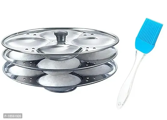 Stainless Steel 3 Plate Idli Making Plates Stand (12 Slot) with Silicone Oil Brush Pack of 1-thumb0