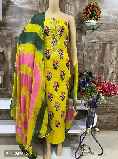 Elegant Yellow Cotton  Dress Material with Dupatta For Women