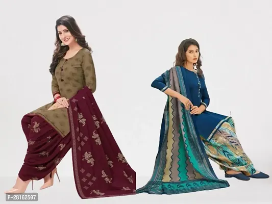 Designer American Crepe Unstitched Dress Material Top With Bottom Wear And Dupatta Set For Women Pack Of 2