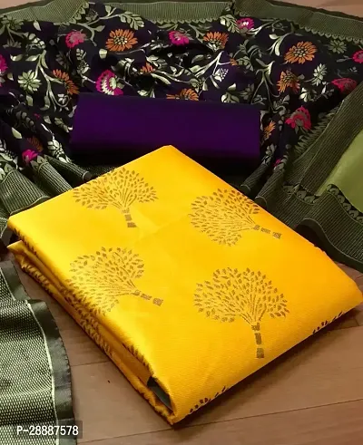 Elegant Yellow Banarasi Silk  Dress Material with Dupatta For Women-thumb0