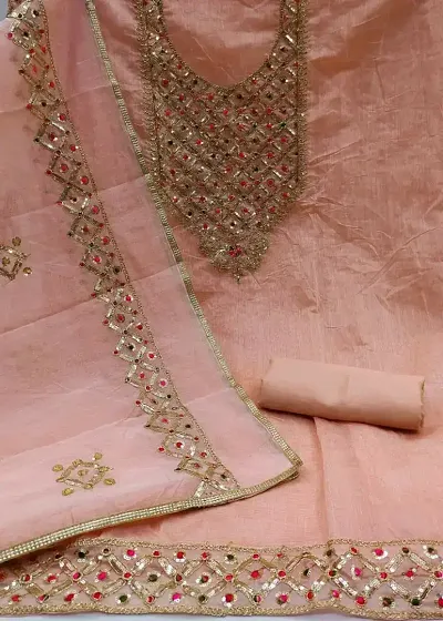 Trendy Chanderi Silk With Embroidered And Sequined Dress Material With Dupatta Set For Women