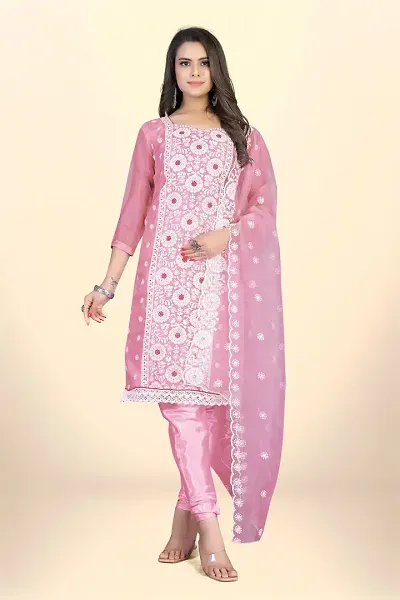 Organza Dress Material For Women With Embroidered Work And Inner