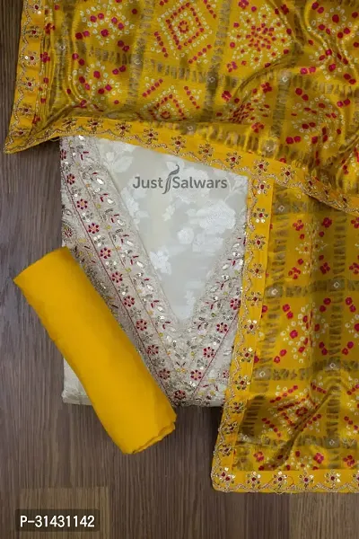 Elegant Yellow Cotton Embroidered Dress Material with Dupatta For Women-thumb0