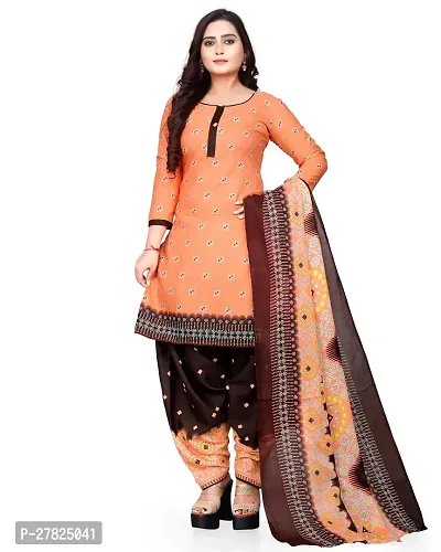 Elegant Peach Cotton Printed Dress Material with Dupatta For Women-thumb0