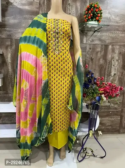 Elegant Yellow Cotton  Dress Material with Dupatta For Women-thumb0