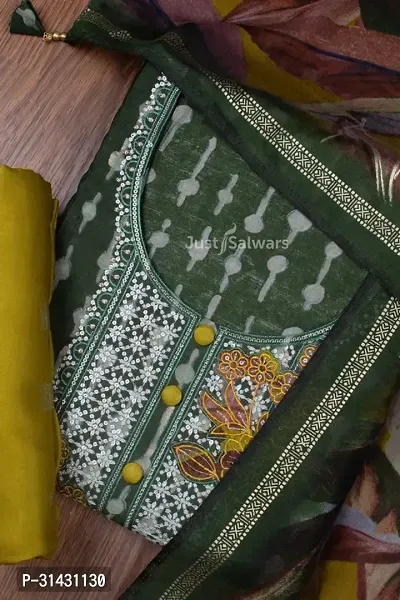 Elegant Green Cotton Embroidered Dress Material with Dupatta For Women