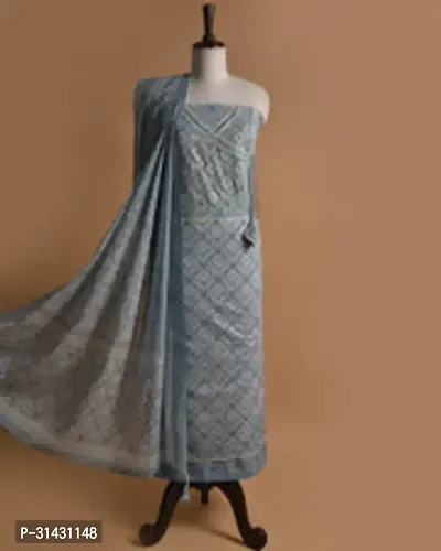 Elegant Grey Cotton Embroidered Dress Material with Dupatta For Women-thumb0