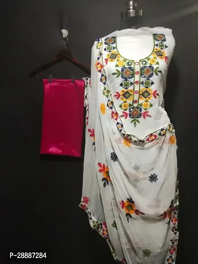 Elegant White Chanderi Silk  Dress Material with Dupatta For Women