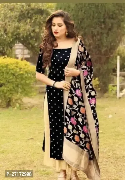 Elegant Black Taffeta Silk Printed Dress Material with Dupatta For Women-thumb0