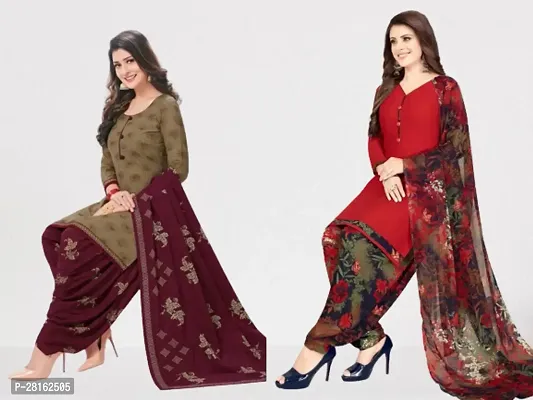 Designer American Crepe Unstitched Dress Material Top With Bottom Wear And Dupatta Set For Women Pack Of 2