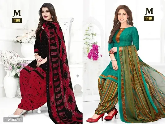 Designer Crepe Unstitched Dress Material Top With Bottom Wear And Dupatta Set For Women Pack Of 2-thumb0