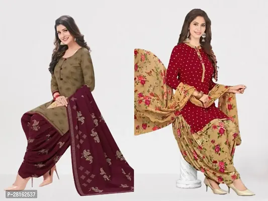 Designer American Crepe Unstitched Dress Material Top With Bottom Wear And Dupatta Set For Women Pack Of 2