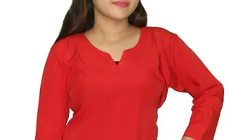 WORNE, V Neck Print Colour, Womens Stylish and Fancy Solid Plain Rayon Straight Round Neck Formal Office wear as Well as Casual wear Kurtis with 3/4th Sleeves (M, RED)-thumb4