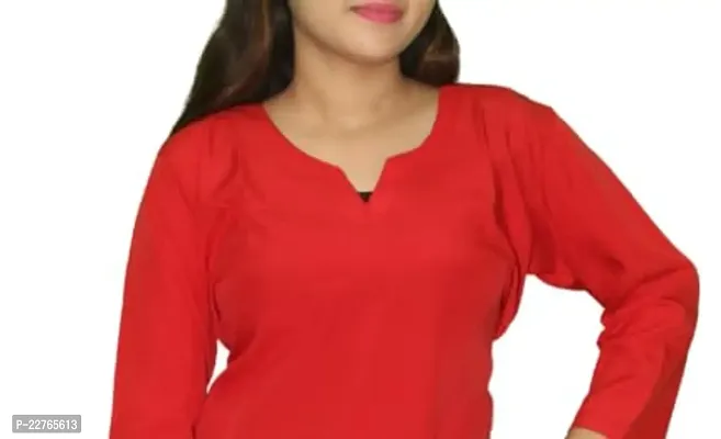 WORNE, V Neck Print Colour, Womens Stylish and Fancy Solid Plain Rayon Straight Round Neck Formal Office wear as Well as Casual wear Kurtis with 3/4th Sleeves (M, RED)-thumb5