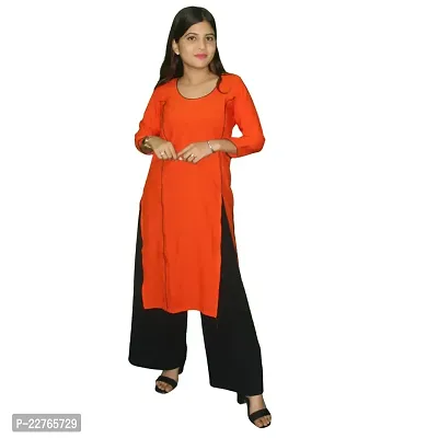 WORNE, V Neck Print Colour, Womens Stylish and Fancy Solid Plain Rayon Straight Round Neck Formal Office wear as Well as Casual wear Kurtis with 3/4th Sleeves (L, Orange)