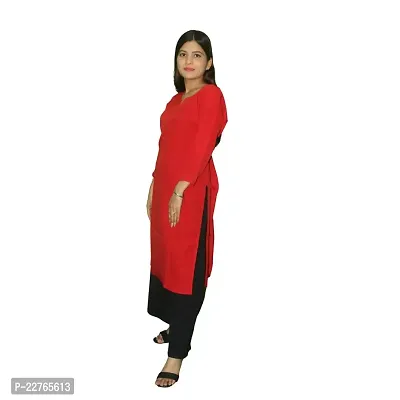 WORNE, V Neck Print Colour, Womens Stylish and Fancy Solid Plain Rayon Straight Round Neck Formal Office wear as Well as Casual wear Kurtis with 3/4th Sleeves (M, RED)-thumb3