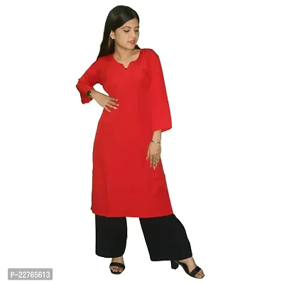 WORNE, V Neck Print Colour, Womens Stylish and Fancy Solid Plain Rayon Straight Round Neck Formal Office wear as Well as Casual wear Kurtis with 3/4th Sleeves (M, RED)-thumb0