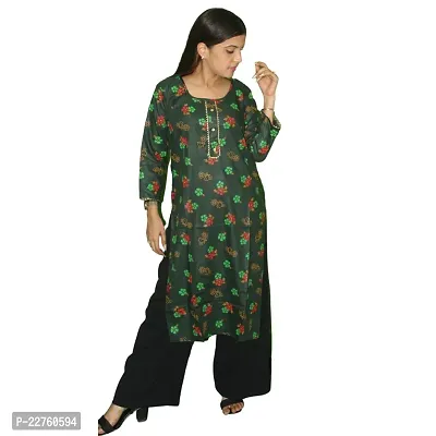 WORNE,Follower Print Dark Green Colour, Womens Stylish and Fancy Solid Plain Rayon Straight Round Neck Formal Office wear as Well as Casual wear Kurtis with 3/4th Sleeves-thumb3