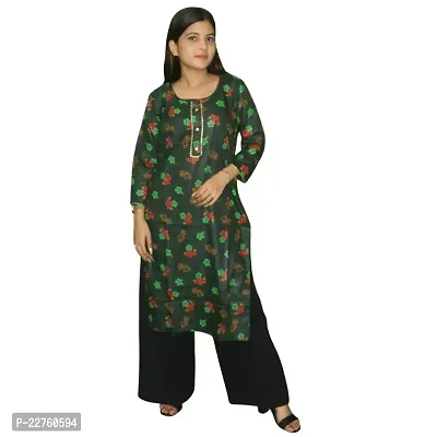 WORNE,Follower Print Dark Green Colour, Womens Stylish and Fancy Solid Plain Rayon Straight Round Neck Formal Office wear as Well as Casual wear Kurtis with 3/4th Sleeves-thumb0